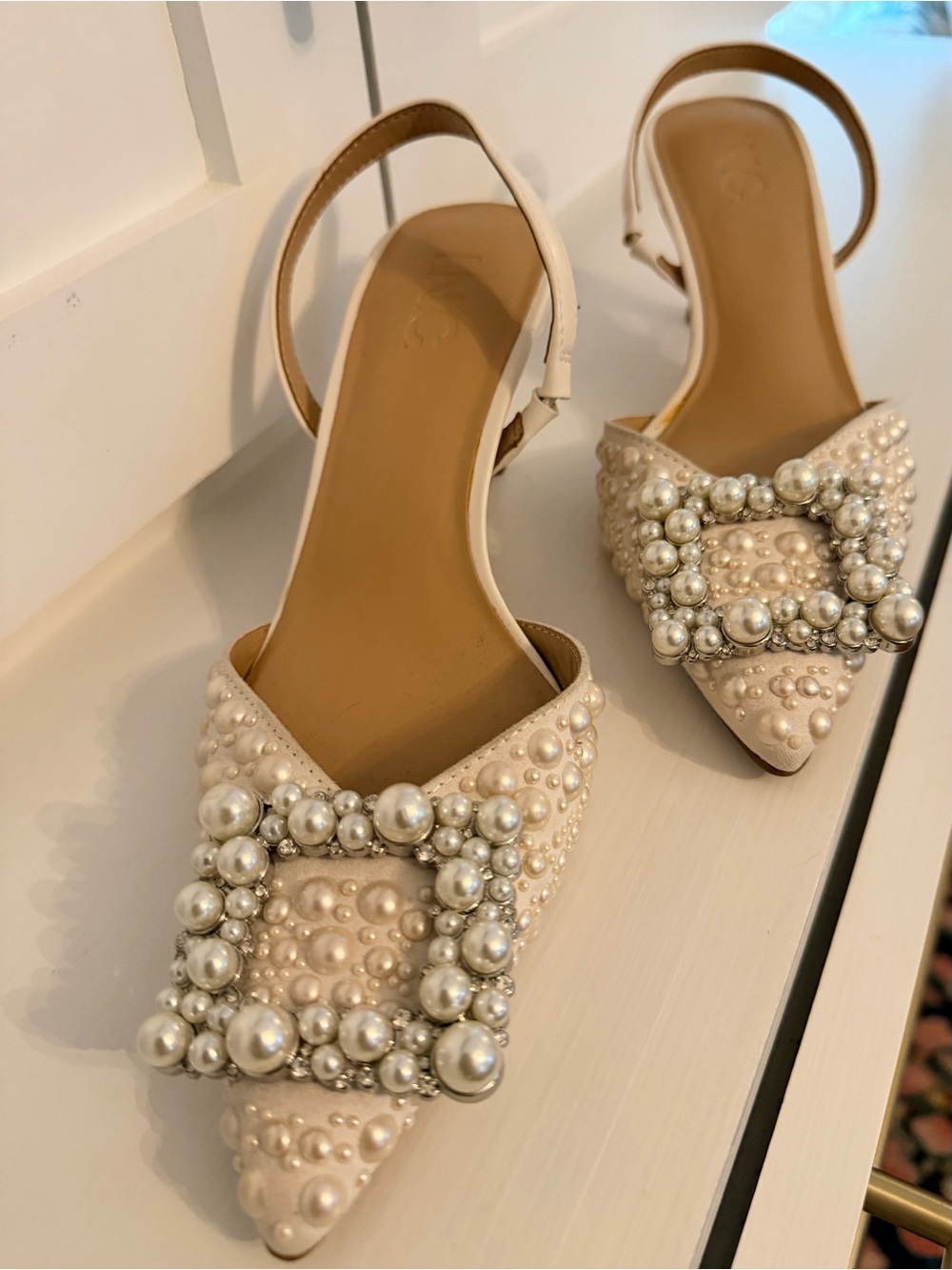 INC International Concepts Pearl-Embellished Cream Slingback Mules